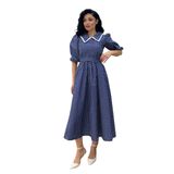 Yakalı Puantiyeli Beyaz Dantelli Kloş Elbise (Lacivert, 2XL)