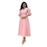 Yakalı Puantiyeli Beyaz Dantelli Kloş Elbise (Pembe, 2XL)