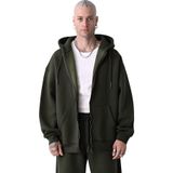 Yakamel Erkek Basic Haki Unisex Tam Fermuar Sweatshirt Hırka