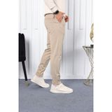Yakamel Erkek Bej Slim Fit Bilek Boy Esnek Kumaş Yüksek Bel Cepli Kumaş Pantolon
