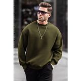 Yakamel Erkek Haki Oversize Fit Normal Kesim 3 Iplik Pamuklu Bisiklet Yaka Sweatshirt