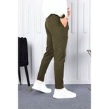 Yakamel Erkek Haki Slim Fit Bilek Boy Esnek Kumaş Yüksek Bel Cepli Kumaş Pantolon