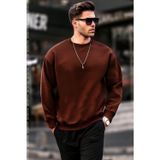 Yakamel Erkek Kahverengi Oversize Fit Normal Kesim 3 Iplik Pamuklu Bisiklet Yaka Sweatshirt