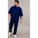 YAKAMEL Erkek Lacivert Batik Oversize Kısa Kollu T-shirt Pijama Takımı