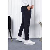 Yakamel Erkek Lacivert Slim Fit Bilek Boy Esnek Kumaş Yüksek Bel Cepli Kumaş Pantolon
