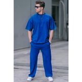 Yakamel Erkek Saks Mavi Rahat Kısa Kollu T-Shirt Ve Pijama Takımı