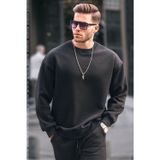 Yakamel Erkek Siyah Oversize Fit Normal Kesim 3 İplik Pamuklu Bisiklet Yaka Sweatshirt
