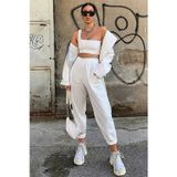 Yakamel Kadın Beyaz Jogger Eşofman Altı Kalın İçi Polarlı Yüksek Bel Paçası Lastikli White Sweatpants