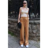 Yakamel Kadın Camel Bol Paça Dokulu Cepli Palazzo Bürümcük Kumaş Pantolon