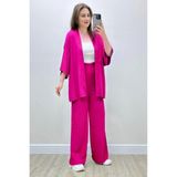 Yakamel Kadın Dökümlü Bürümcük Yazlık Kimono Alt Üst Takım - 01P-Pembe