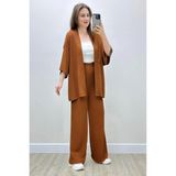 Yakamel Kadın Dökümlü Bürümcük Yazlık Kimono Alt Üst Takım - Camel - Vizon