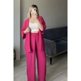 Yakamel Kadın Dökümlü Bürümcük Yazlık Kimono Alt Üst Takım - XL - 01P-Pembe