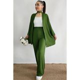 Yakamel Kadın Dökümlü Bürümcük Yazlık Uzun Kol Palazzo Trend Kimono Alt Üst Takım - XL - 02-Haki