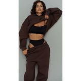 YAKAMEL Kadın Eşofman Takımı Sweatshirt Jogger KAHVE Oversize Şardonlu Kapüşonlu