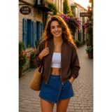 YAKAMEL Kadın Fermuarlı Oversize Bomber Basic Mevsimlik Günlük Ceket