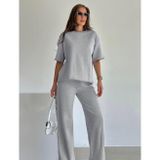 Yakamel Kadın Gri Düğmesiz Kısa Kol Pamuklu Pijama Takımı