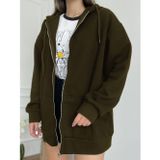Yakamel Kadın Haki Fermuarlı Kapşonlu Kanguru Cep Basic Sweatshirt Hırka