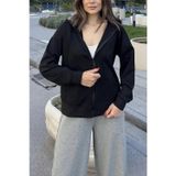 YAKAMEL Kadın İnterlok İki İplik Mevsimlik Rahat Kapşonlu Kanguru Cepli Sweatshirt Fermuarlı Hırka