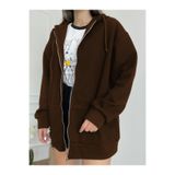 YAKAMEL Kadın KAHVERENGİ Fermuarlı Kapşonlu Kanguru Cep Basic Sweatshirt Hırka