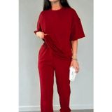 Yakamel Kadın Kırmızı Rahat Penye Pijama Takımı