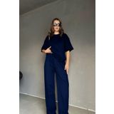 YAKAMEL Kadın Lacivert Batik Düğmesiz Kısa Kol Pamuklu Pijama Takımı