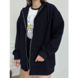 YAKAMEL Kadın LACİVERT Fermuarlı Kapşonlu Kanguru Cep Basic Sweatshirt Hırka
