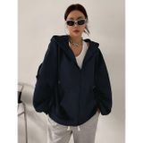 Yakamel Kadın Lacivert Fermuarlı Oversize 3İplik Polar Sweatshirt Hırka