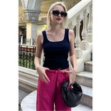 Yakamel Kadın Lacivert Fitilli Görünümlü Askılı Basic Spor Atlet - 166-Lacivert - XL