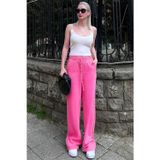 Yakamel Kadın Pembe Bol Paça Dokulu Cepli Palazzo Bürümcük Kumaş Pantolon