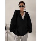 YAKAMEL Kadın Siyah Fermuarlı Oversize 3İplik Polar Sweatshirt Hırka
