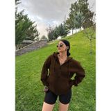 Yakamel Kahverengi Kadın Düz Fermuarlı Oversize Hırka Sweatshirt