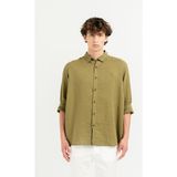 Yakası Alttan Britli Regular Fit %100 Keten Erkek Gömlek - Haki - 2XL
