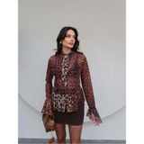 Yakası Fularlı Transparan Tül Gömlek - Leopar