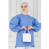 Yakası Taş Çakım Tunik-Mavi