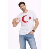 YAKE STORE Erkek T-Shirt Kısa Kol Bisiklet Yaka Ay Yıldız Bayrak Baskılı Tişört - Beyaz - Beyaz