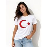 YAKE STORE T-Shirt Kısa Kol Bisiklet Yaka Ay Yıldız Bayrak Baskılı Tişört - Beyaz - Beyaz