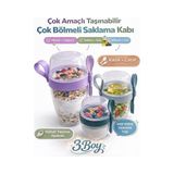 Yakestore 3 Lü Set Taşınabilir Kaşık+Çatal Kapaklı Yoğurt Müsli Granola Yemek Diyet Saklama Kabı Take And Go Bardak Kahvaltı Salata Hazırla Çık - 1/100 Toz Ceviz