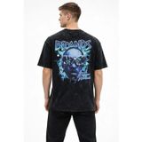 Yakestore YAKE STORE Erkek Asit Yıkamalı Oversize Tişört Future Worlds Baskılı Bisiklet Yaka Kısa Kollu Streetwear %100 Pamuk Street Style T-Shirt - Siyah - Siyah