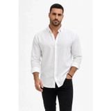 Yakestore YAKE STORE Erkek KETEN Kumaş Oversize Uzun Kollu Rahat Kalıp Gömlek - Beyaz - Beyaz