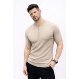 Yakestore YAKE STORE Erkek Kısa Kol Fitilli Triko T-Shirt Yazlık Hakim Yaka Tişört - Bej - Bej