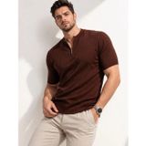 Yakestore YAKE STORE Erkek Kısa Kol Fitilli Triko T-Shirt Yazlık Hakim Yaka Tişört - Kahverengi - Kahverengi