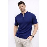 Yakestore YAKE STORE Erkek Kısa Kol Fitilli Triko T-Shirt Yazlık Hakim Yaka Tişört - Lacivert - Lacivert