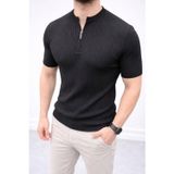 Yakestore YAKE STORE Erkek Kısa Kol Fitilli Triko T-Shirt Yazlık Hakim Yaka Tişört - Siyah - Siyah