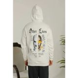Yakestore YAKE STORE Erkek Sırt Baskılı Oversize Üç İplik Kapüşonlu Sweatshirt - Beyaz - Beyaz