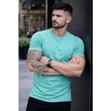 Yakestore YAKE STORE Erkek T-Shirt Bisiklet Yaka Slim Fit Dar Kesim Likralı Tişört Günlük Basic Body - Turkuvaz - Turkuaz