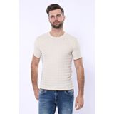 Yakestore YAKE STORE Kendinden Desenli Örme Krem Bisiklet Yaka T-shirt - Wessi - Krem