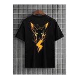 Yakor Pikachu Baskılı%100 Organik Pamuklu Kalın Dokulu Oversize Bisiklet Yakalı Siyah T-shirt