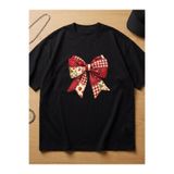Yamalı Kurdele Fiyonk Çilek Baskılı Oversize Pamuklu Siyah T-shirt kmn60sb