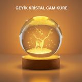 YamanHobi 3D Geyik Desenli Kristal Küre USB Işıklı Ahşap Tabanlı Oda Lambası