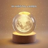 YamanHobi 8 cm Ay Desenli Kristal Küre Sıcak LED Işıklı Ahşap Tabanlı Oda Lambası
